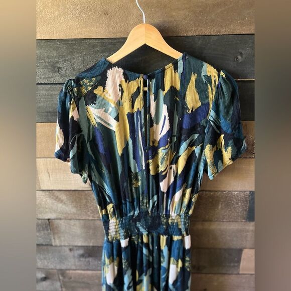 Evereve Abstract Print Elastic Waist Midi Dress Short Sleeve Size S Made in USA - Picture 9 of 10